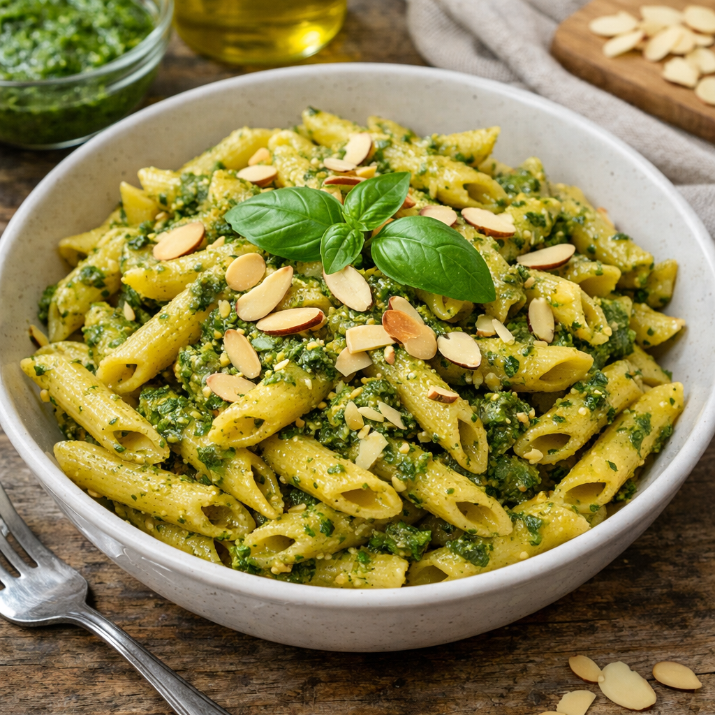Fusilli mais e riso al pesto e mandorle tostate
