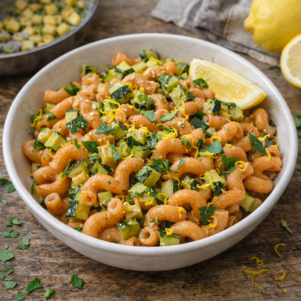 Cellentani legumi e semi di lino con zucchine e limone