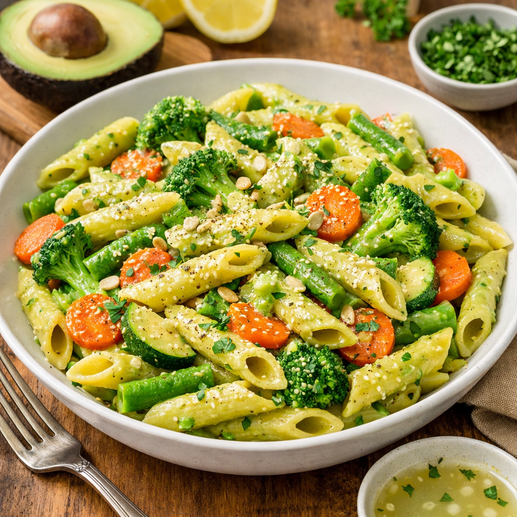 Penne mais e riso con verdure al vapore e crema di avocado